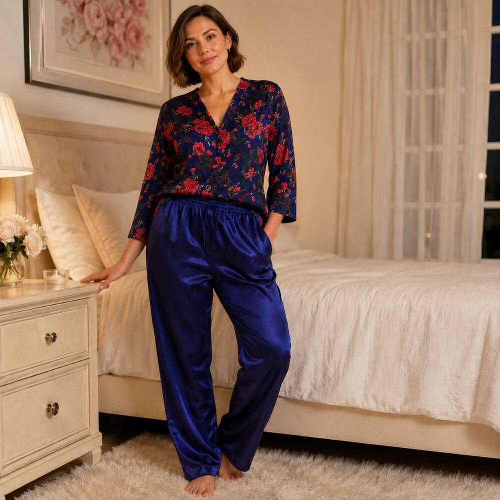Vintage Victoria's Secret Womens Rose Floral Lounge Pajama Set Purple Red Small